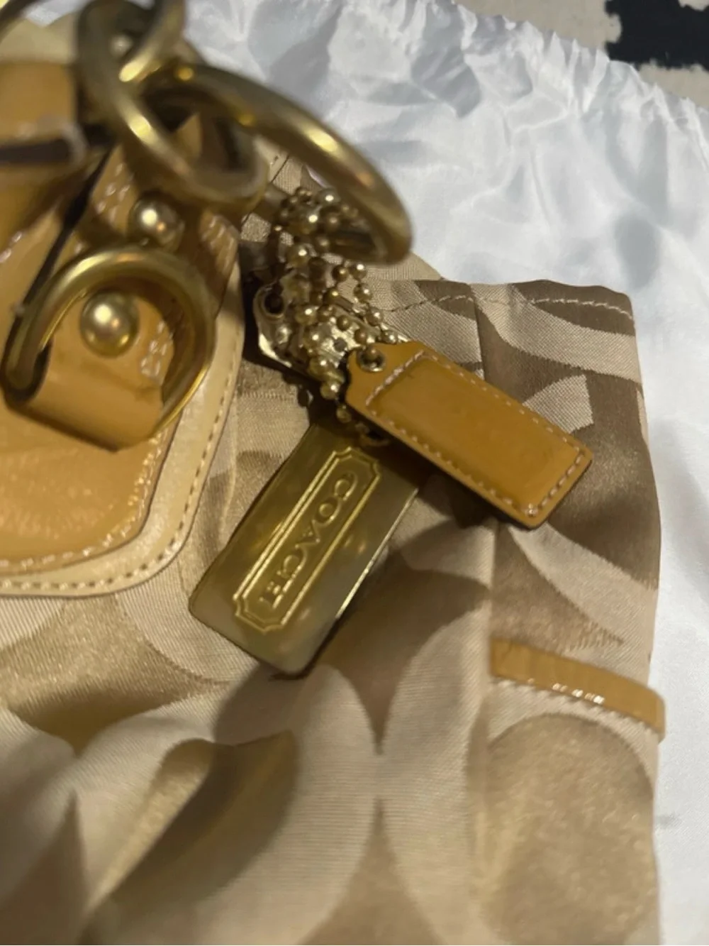 Coach Signature Circle Jacquard Tote in Beige and Tan Leather
